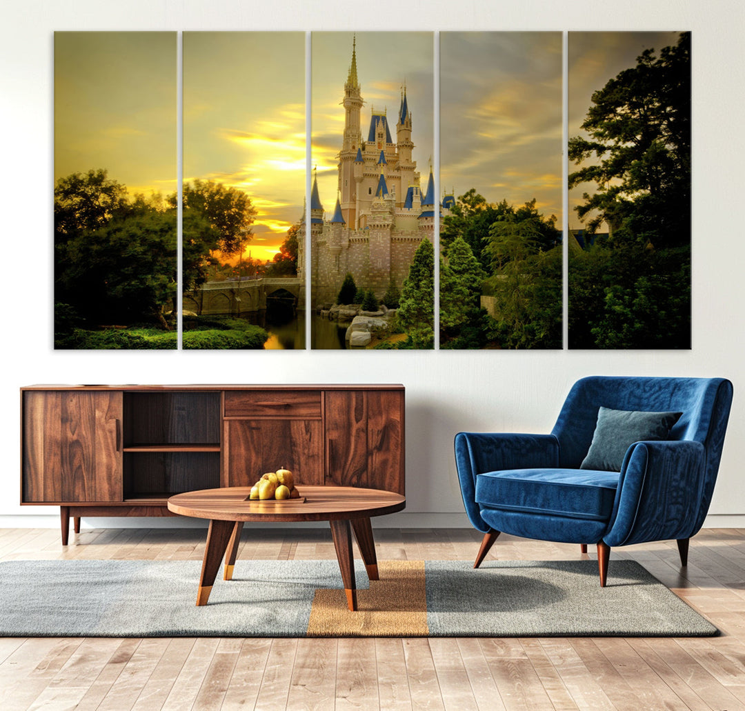 Enchanted Castle Canvas Wall Art - Magical Sunset Scene, Perfect for Disney Fans, 3-Panel Fantasy Decor, Ready to Hang