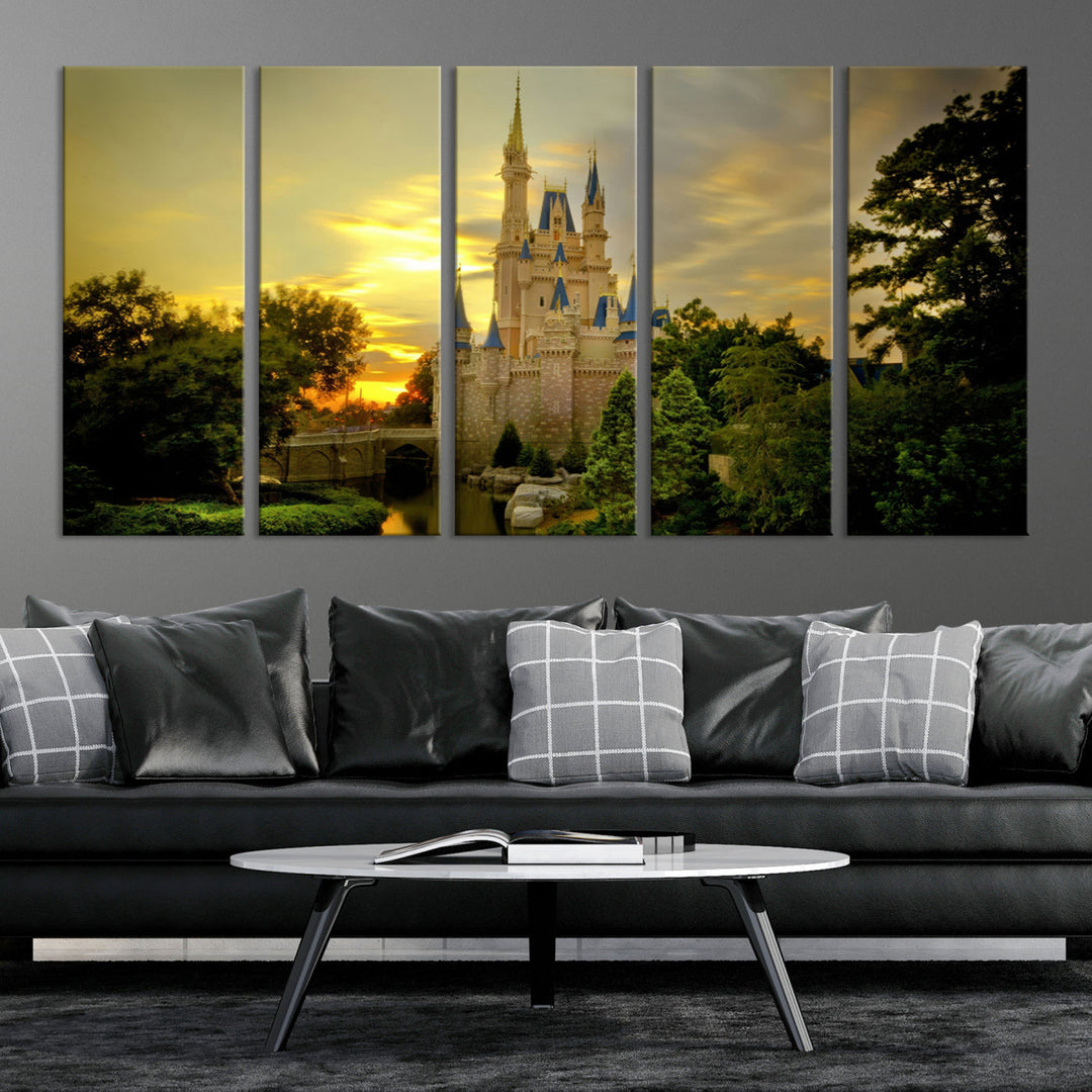 Enchanted Castle Canvas Wall Art - Magical Sunset Scene, Perfect for Disney Fans, 3-Panel Fantasy Decor, Ready to Hang