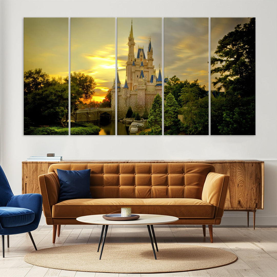 Enchanted Castle Canvas Wall Art - Magical Sunset Scene, Perfect for Disney Fans, 3-Panel Fantasy Decor, Ready to Hang