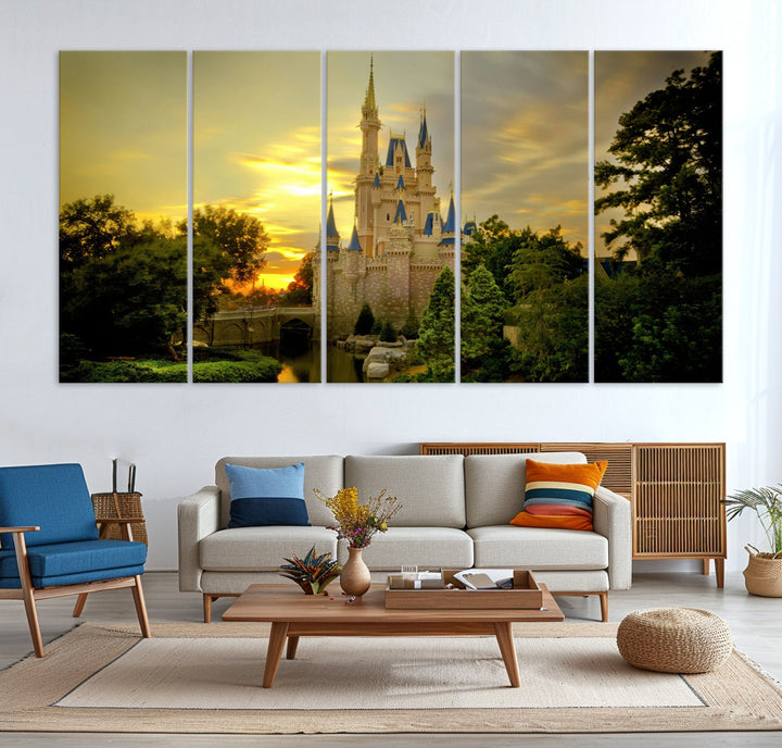 Enchanted Castle Canvas Wall Art - Magical Sunset Scene, Perfect for Disney Fans, 3-Panel Fantasy Decor, Ready to Hang