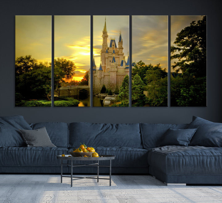 Enchanted Castle Canvas Wall Art - Magical Sunset Scene, Perfect for Disney Fans, 3-Panel Fantasy Decor, Ready to Hang