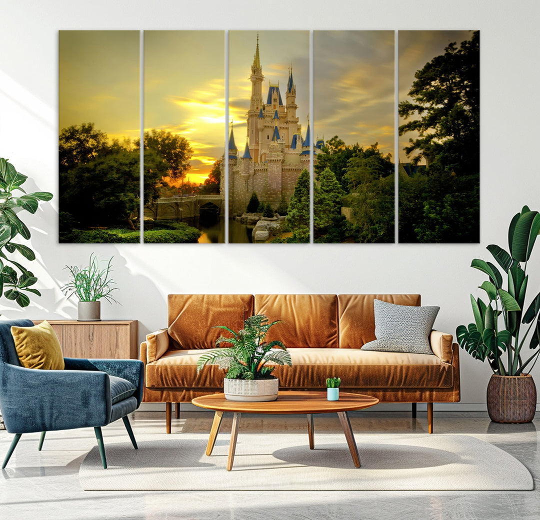 Enchanted Castle Canvas Wall Art - Magical Sunset Scene, Perfect for Disney Fans, 3-Panel Fantasy Decor, Ready to Hang