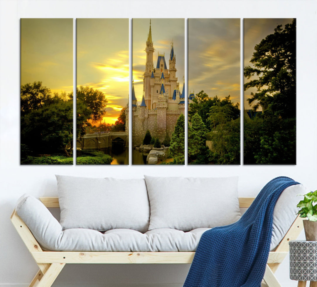 Enchanted Castle Canvas Wall Art - Magical Sunset Scene, Perfect for Disney Fans, 3-Panel Fantasy Decor, Ready to Hang