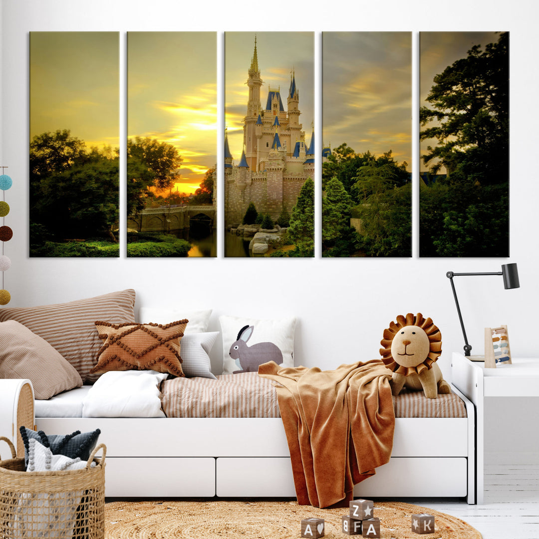 Enchanted Castle Canvas Wall Art - Magical Sunset Scene, Perfect for Disney Fans, 3-Panel Fantasy Decor, Ready to Hang