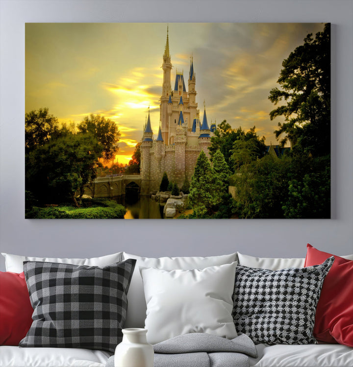 Enchanted Castle Canvas Wall Art - Magical Sunset Scene, Perfect for Disney Fans, 3-Panel Fantasy Decor, Ready to Hang