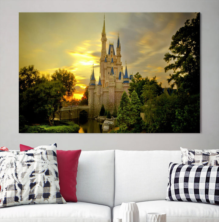 Enchanted Castle Canvas Wall Art - Magical Sunset Scene, Perfect for Disney Fans, 3-Panel Fantasy Decor, Ready to Hang