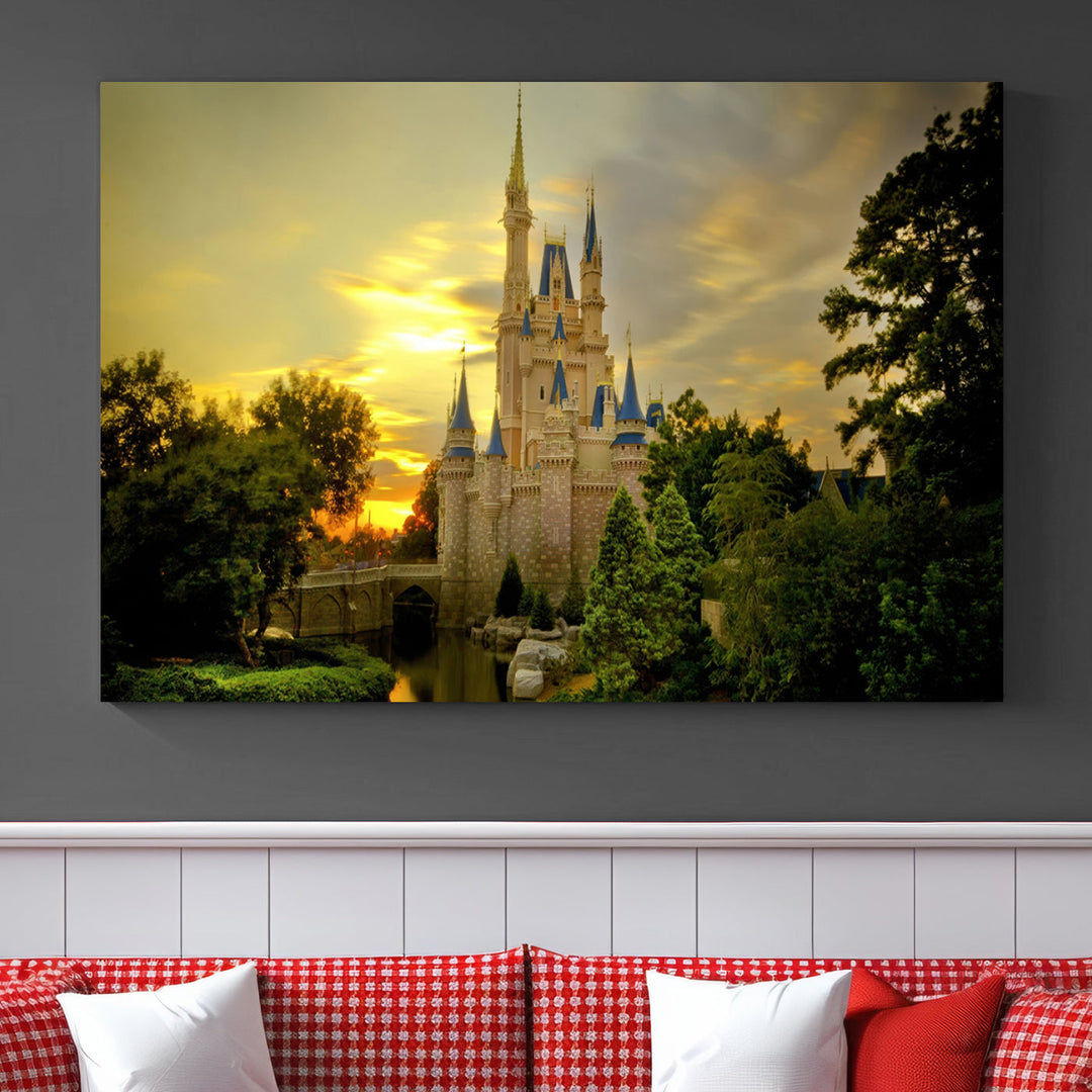 Enchanted Castle Canvas Wall Art - Magical Sunset Scene, Perfect for Disney Fans, 3-Panel Fantasy Decor, Ready to Hang