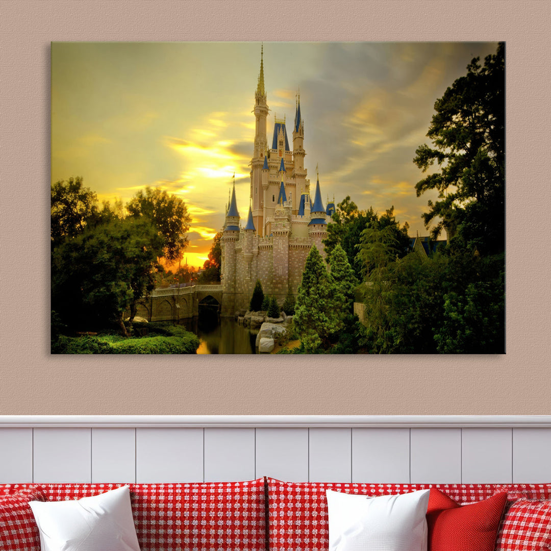 Enchanted Castle Canvas Wall Art - Magical Sunset Scene, Perfect for Disney Fans, 3-Panel Fantasy Decor, Ready to Hang