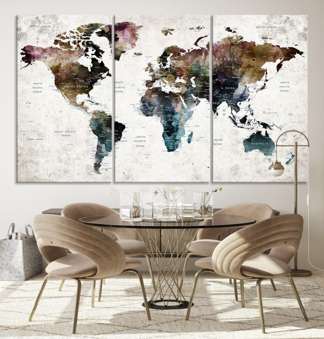 Extra Large Abstract Watercolor World Map Wall Art Canvas Print