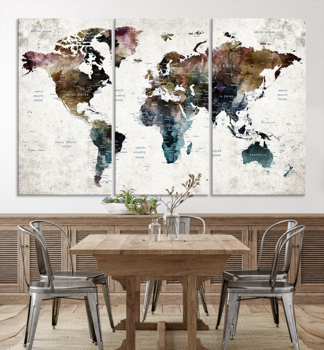 Extra Large Abstract Watercolor World Map Wall Art Canvas Print