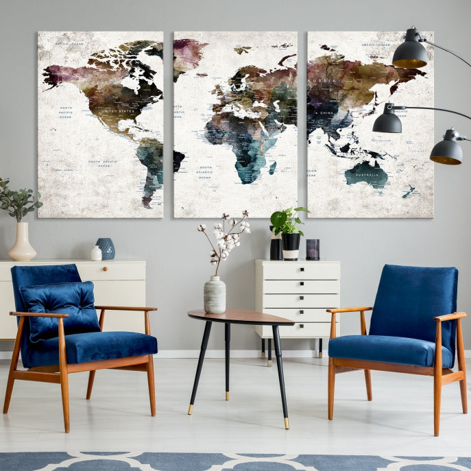 Extra Large Abstract Watercolor World Map Wall Art Canvas Print