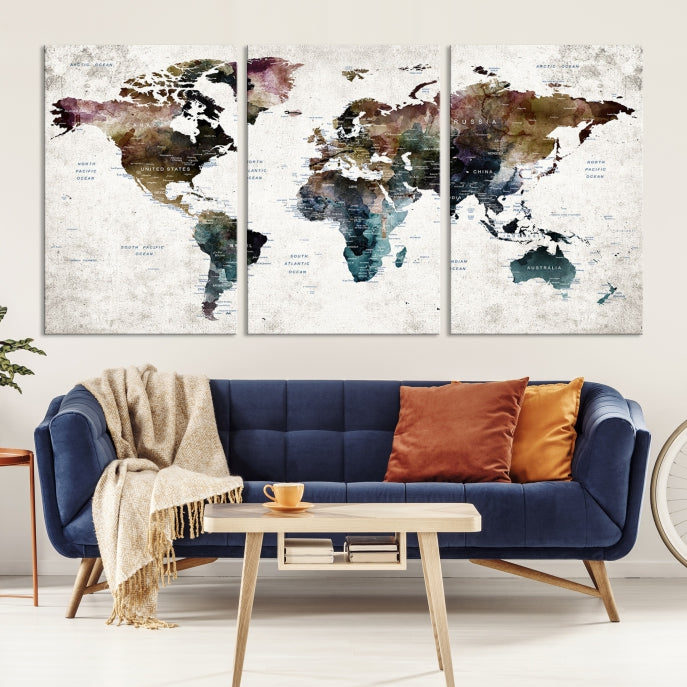 Extra Large Abstract Watercolor World Map Wall Art Canvas Print