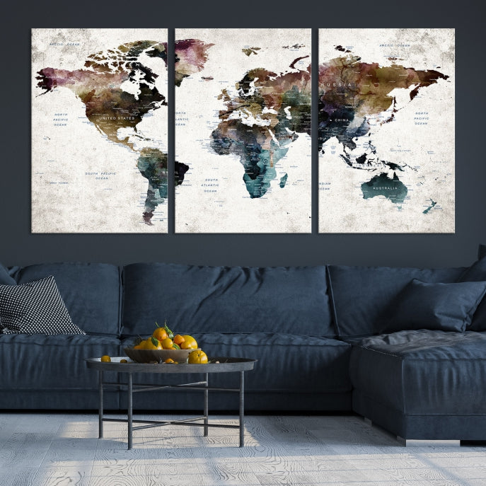 Extra Large Abstract Watercolor World Map Wall Art Canvas Print