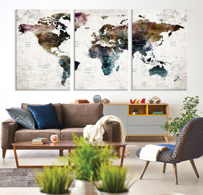 Extra Large Abstract Watercolor World Map Wall Art Canvas Print