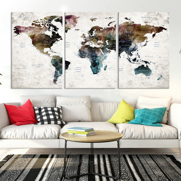 Extra Large Abstract Watercolor World Map Wall Art Canvas Print