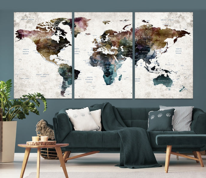 Extra Large Abstract Watercolor World Map Wall Art Canvas Print