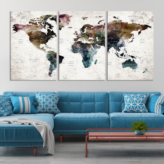 Extra Large Abstract Watercolor World Map Wall Art Canvas Print