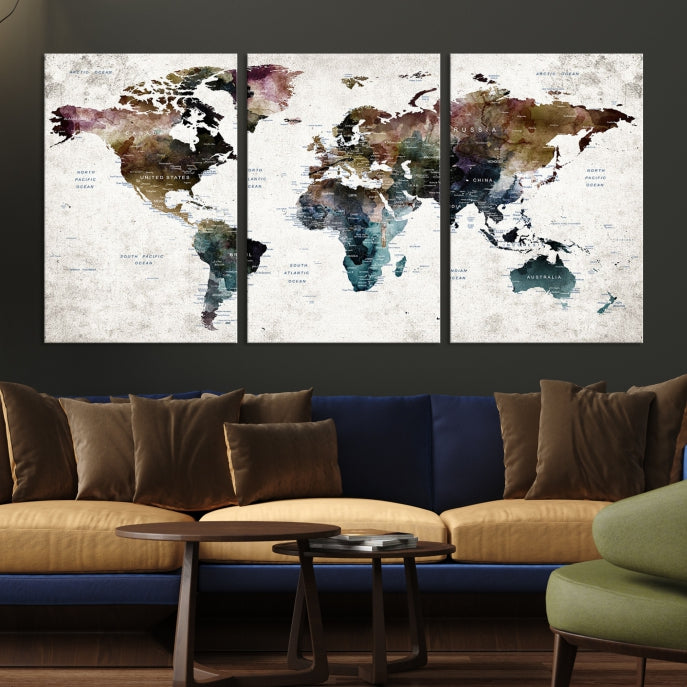 Extra Large Abstract Watercolor World Map Wall Art Canvas Print