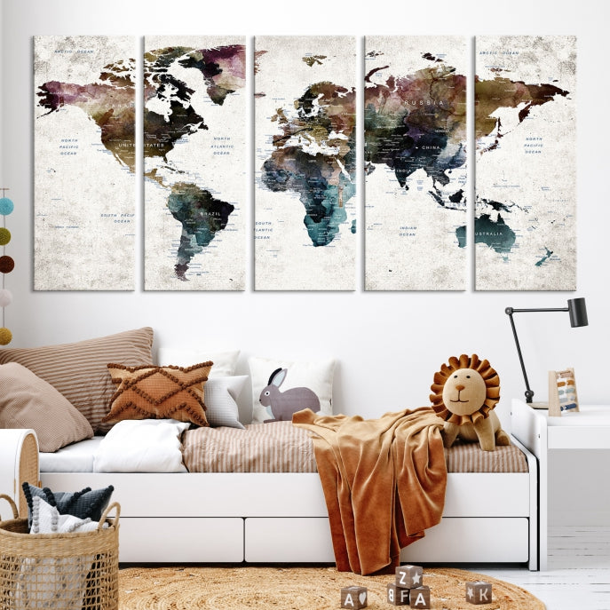 Extra Large Abstract Watercolor World Map Wall Art Canvas Print