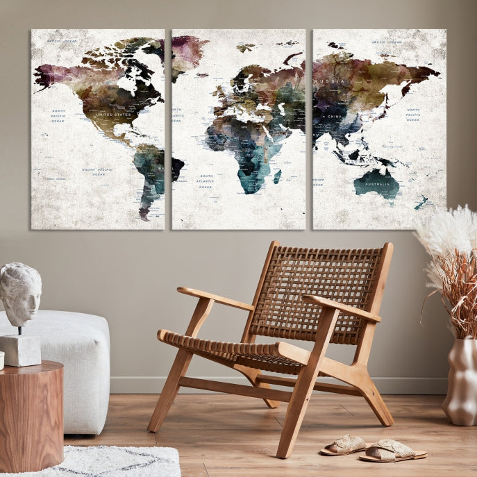 Extra Large Abstract Watercolor World Map Wall Art Canvas Print