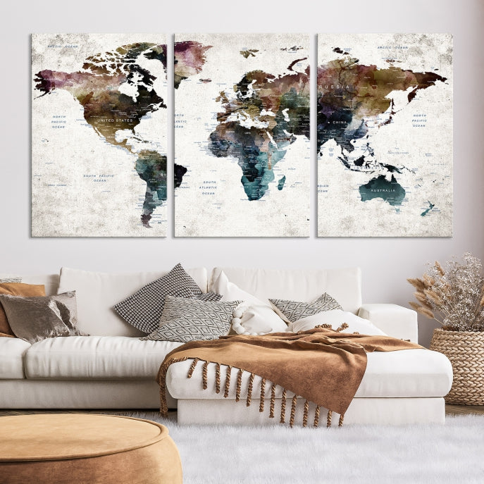 Extra Large Abstract Watercolor World Map Wall Art Canvas Print