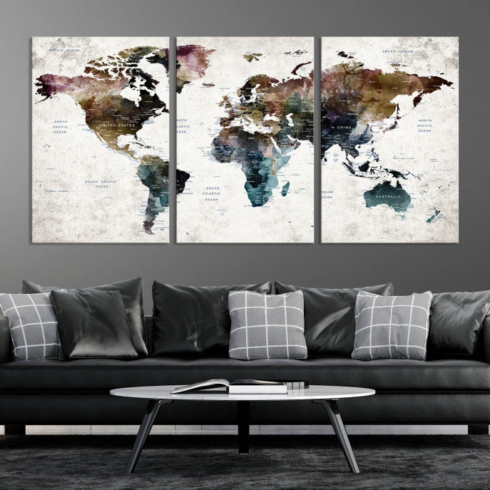 Extra Large Abstract Watercolor World Map Wall Art Canvas Print