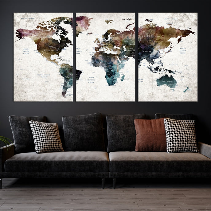 Extra Large Abstract Watercolor World Map Wall Art Canvas Print