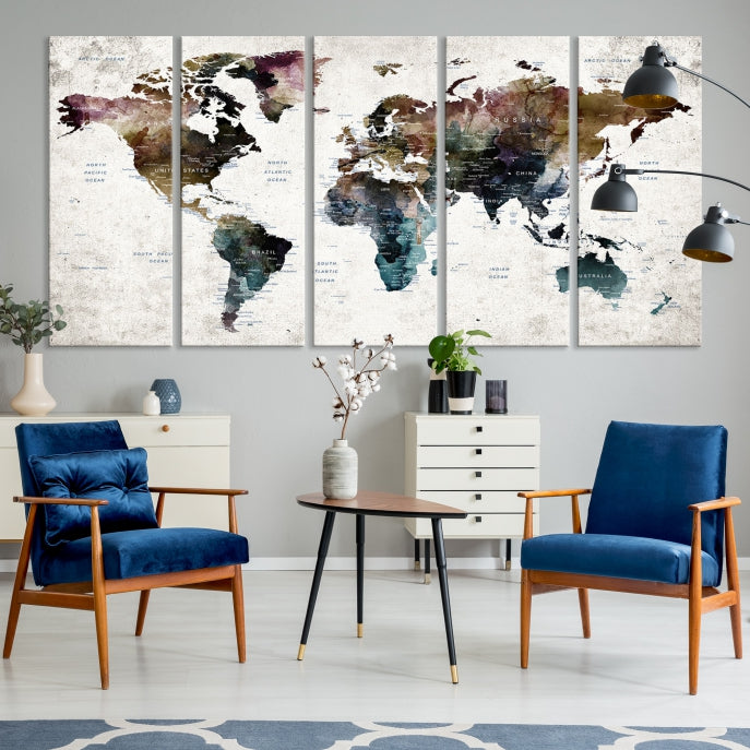 Extra Large Abstract Watercolor World Map Wall Art Canvas Print