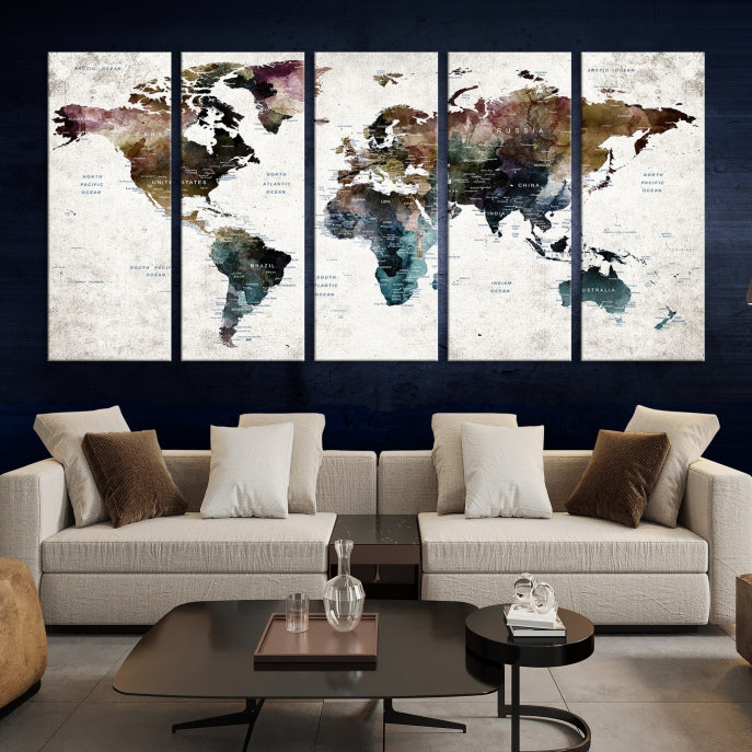 Extra Large Abstract Watercolor World Map Wall Art Canvas Print