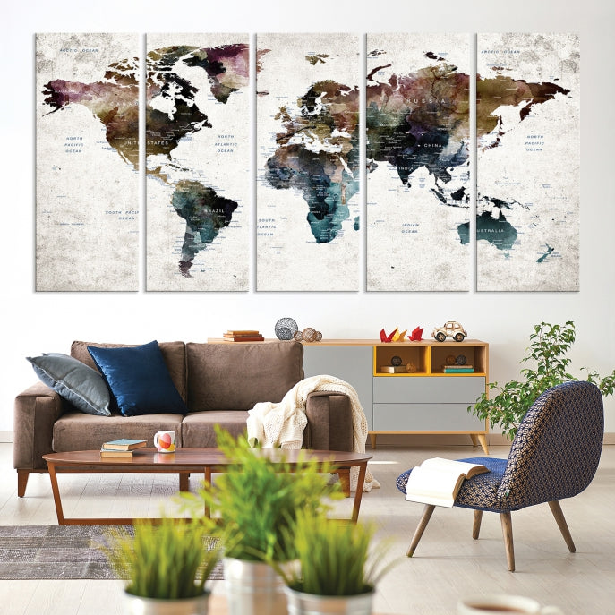 Extra Large Abstract Watercolor World Map Wall Art Canvas Print