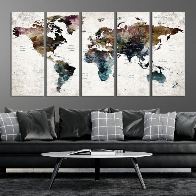 Extra Large Abstract Watercolor World Map Wall Art Canvas Print