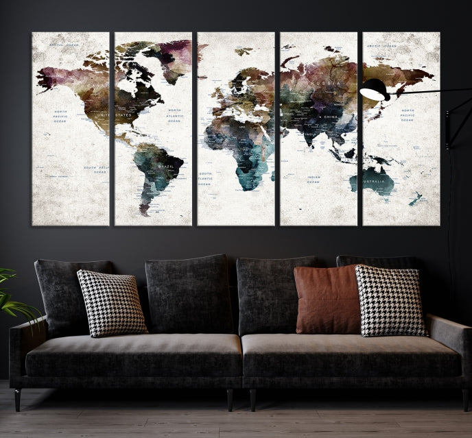 Extra Large Abstract Watercolor World Map Wall Art Canvas Print