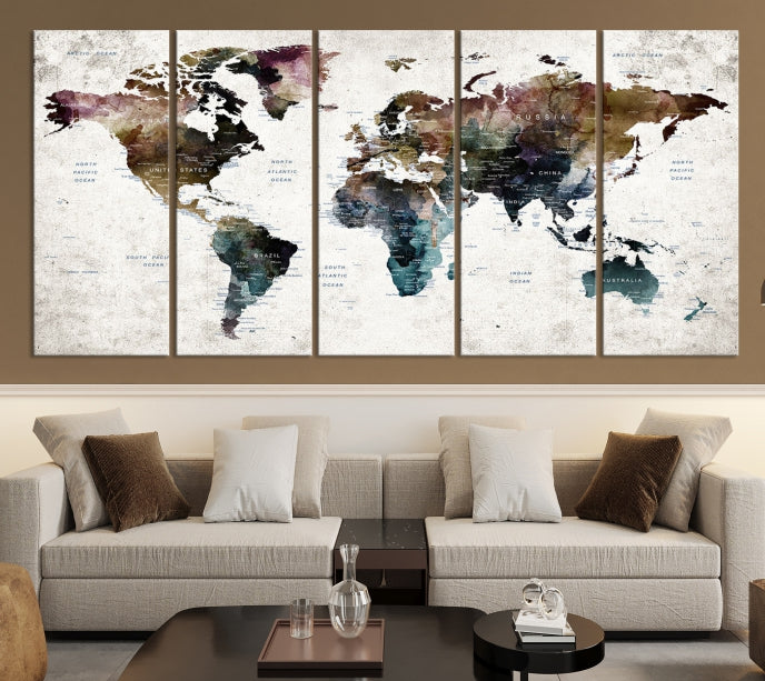 Extra Large Abstract Watercolor World Map Wall Art Canvas Print