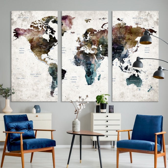 Extra Large Abstract Watercolor World Map Wall Art Canvas Print