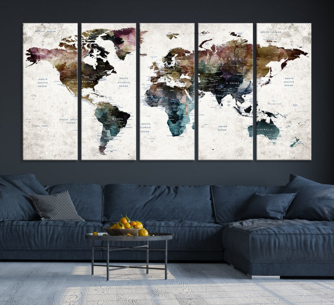 Extra Large Abstract Watercolor World Map Wall Art Canvas Print