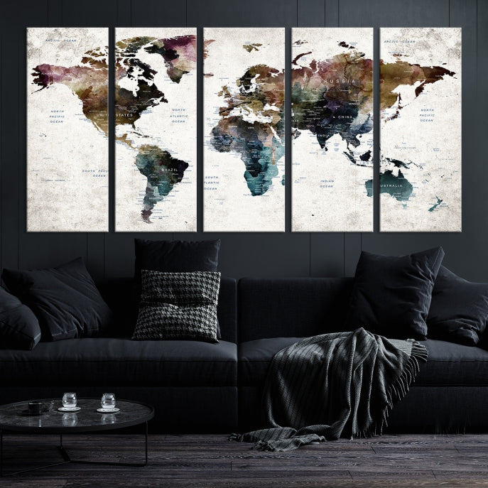 Extra Large Abstract Watercolor World Map Wall Art Canvas Print