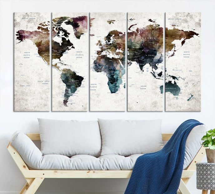 Extra Large Abstract Watercolor World Map Wall Art Canvas Print