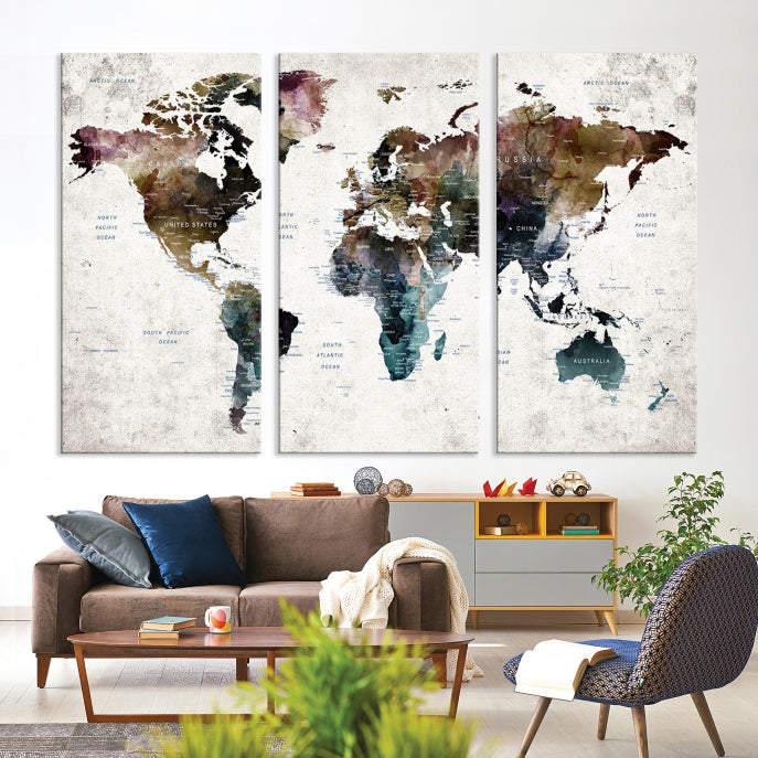 Extra Large Abstract Watercolor World Map Wall Art Canvas Print