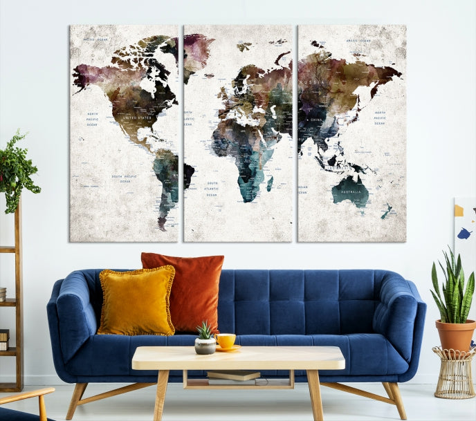 Extra Large Abstract Watercolor World Map Wall Art Canvas Print