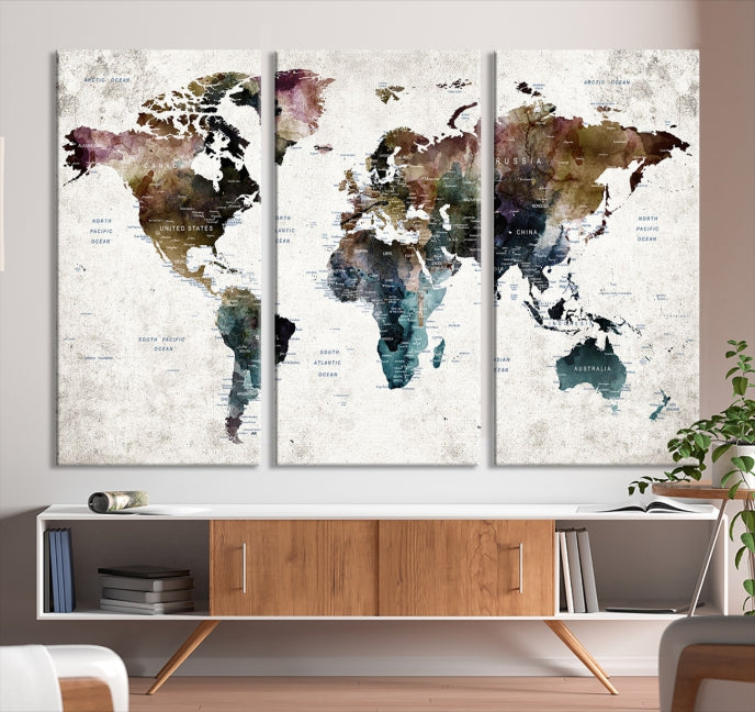 Extra Large Abstract Watercolor World Map Wall Art Canvas Print