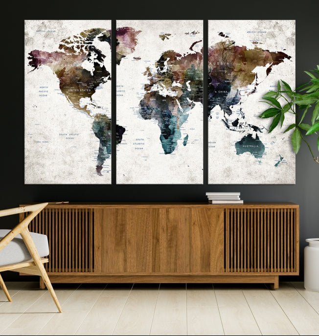 Extra Large Abstract Watercolor World Map Wall Art Canvas Print