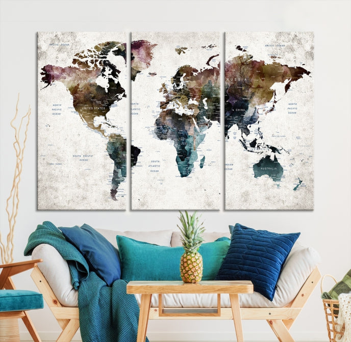 Extra Large Abstract Watercolor World Map Wall Art Canvas Print