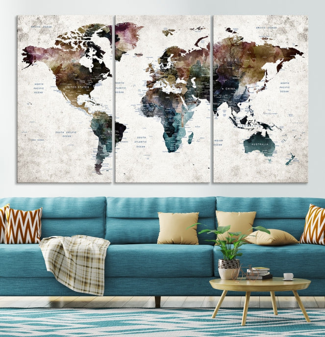 Extra Large Abstract Watercolor World Map Wall Art Canvas Print