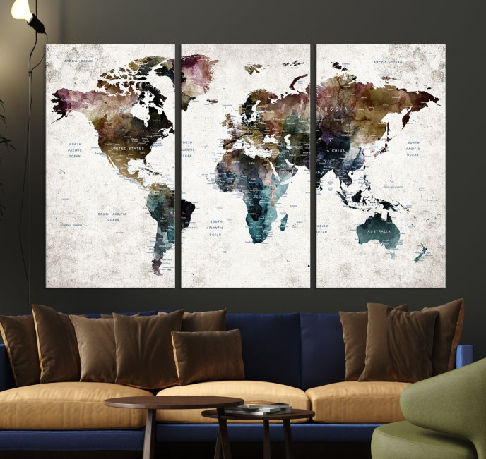 Extra Large Abstract Watercolor World Map Wall Art Canvas Print