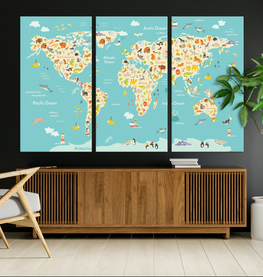 Extra Large Animal World Map Wall Art Canvas Print Educational Map for Kids