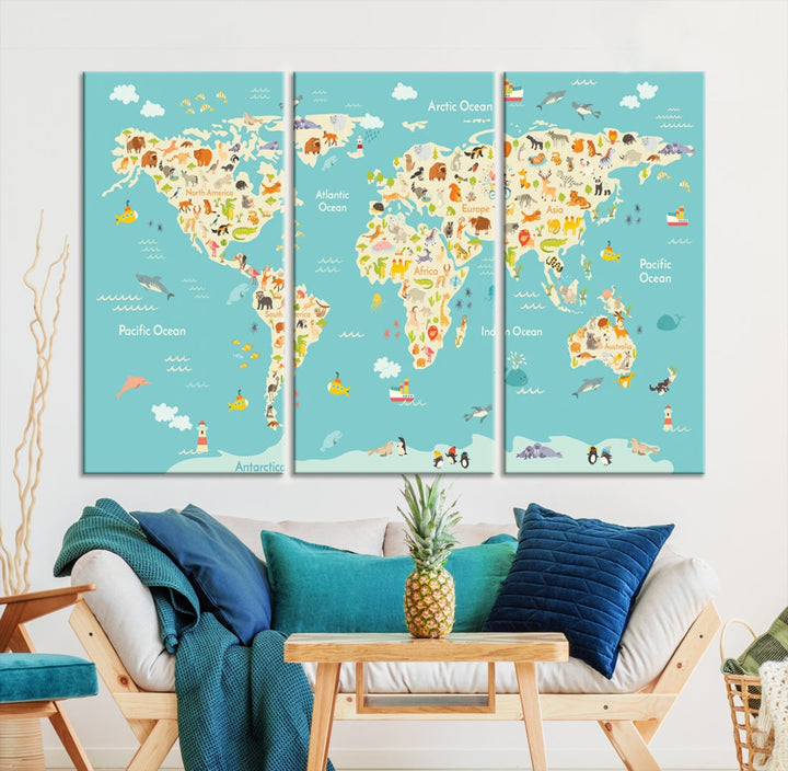 Extra Large Animal World Map Wall Art Canvas Print Educational Map for Kids