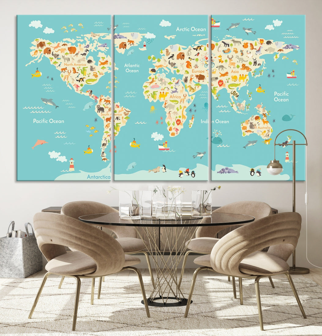 Extra Large Animal World Map Wall Art Canvas Print Educational Map for Kids