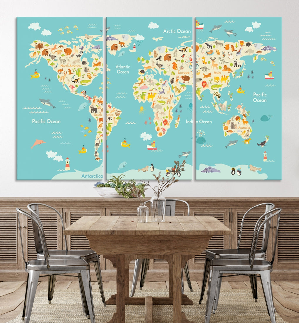 Extra Large Animal World Map Wall Art Canvas Print Educational Map for Kids