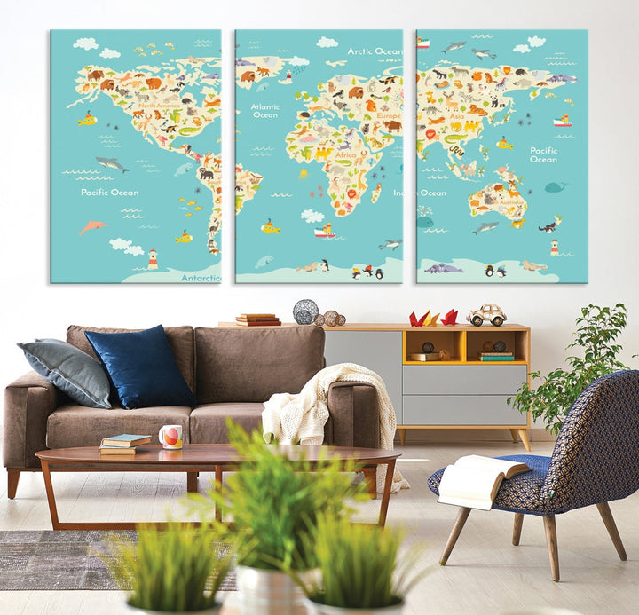 Extra Large Animal World Map Wall Art Canvas Print Educational Map for Kids