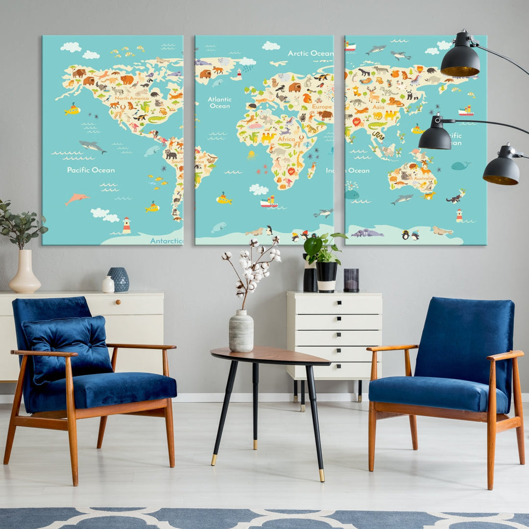 Extra Large Animal World Map Wall Art Canvas Print Educational Map for Kids